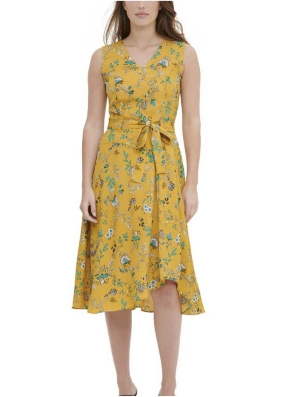 Calvin Klein Yellow Floral V-Neck Tie-Waist Midi Dress Flattering Dressy Sz 8